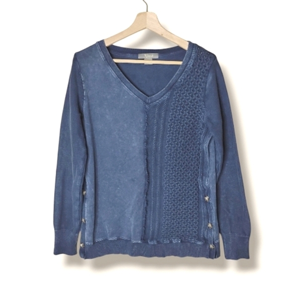 Natural Reflections Acid-Wash Knit Sweatshirt Cable Panel Side Buttons - Picture 2 of 9